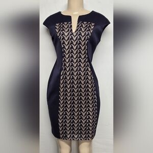 Connected 4P Fitted Pencil Dress Navy Blue Gold Lace Panel